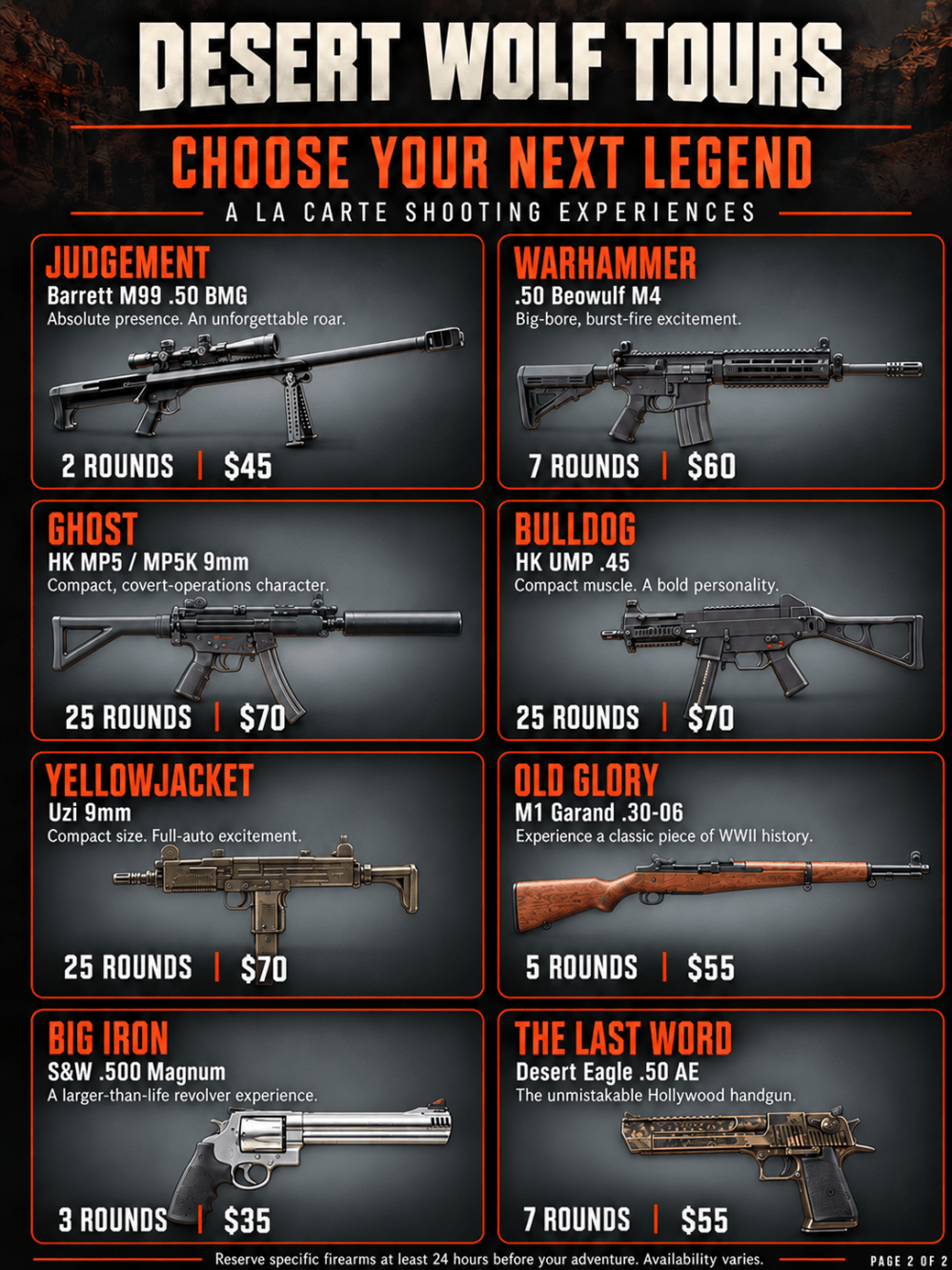 Poster for Desert Wolf Tours showing various firearms and tour prices.