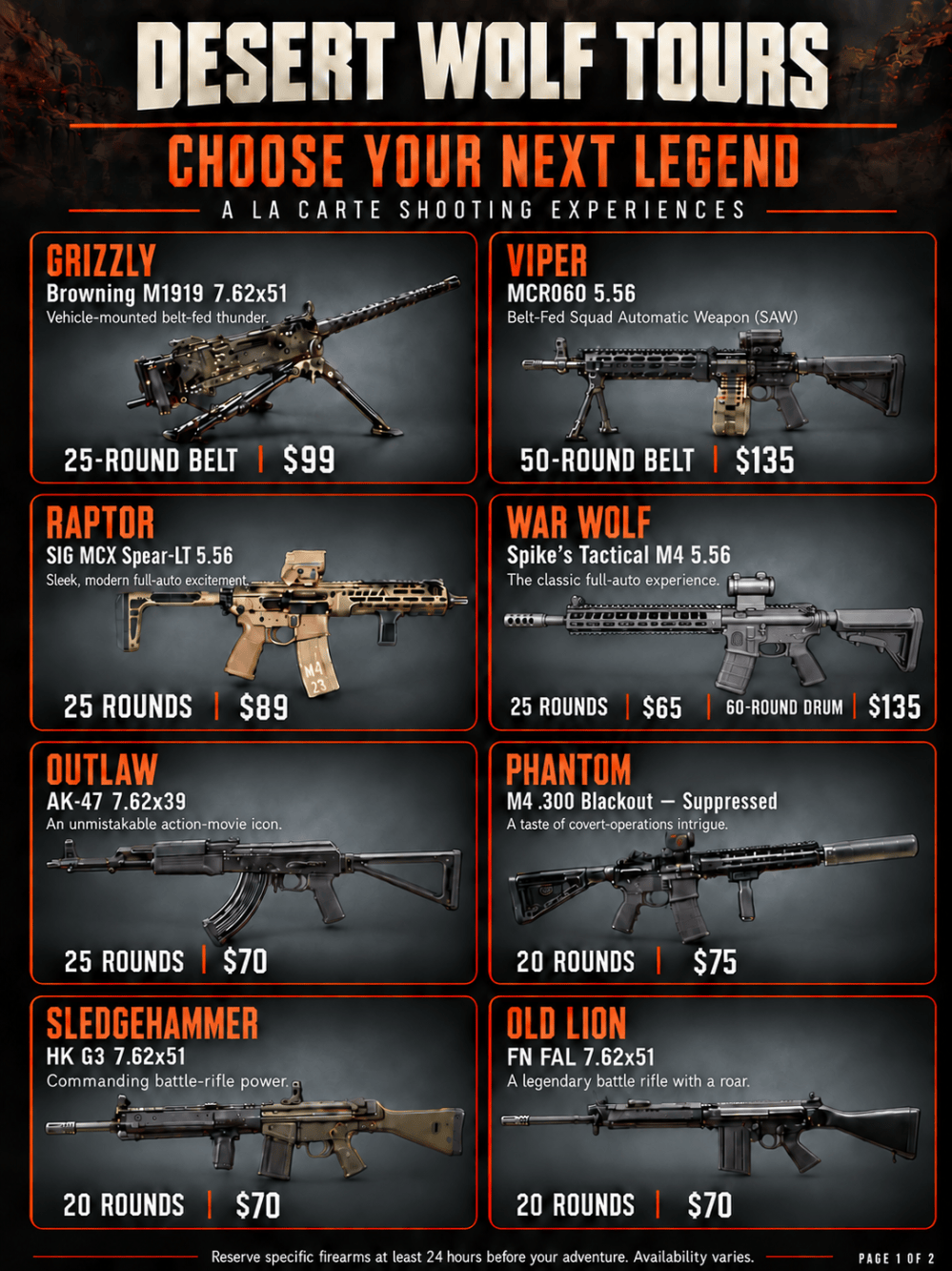 1 - Desert Wolf Tours featuring 7 firearms with prices and shooting options.