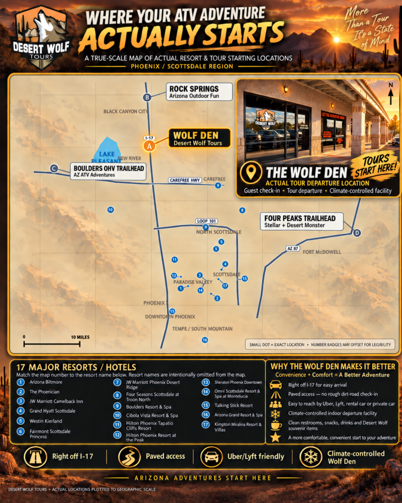 Map and guide for Desert Wolf Tours highlighting ATV adventure locations in Phoenix/Scottsdale area.