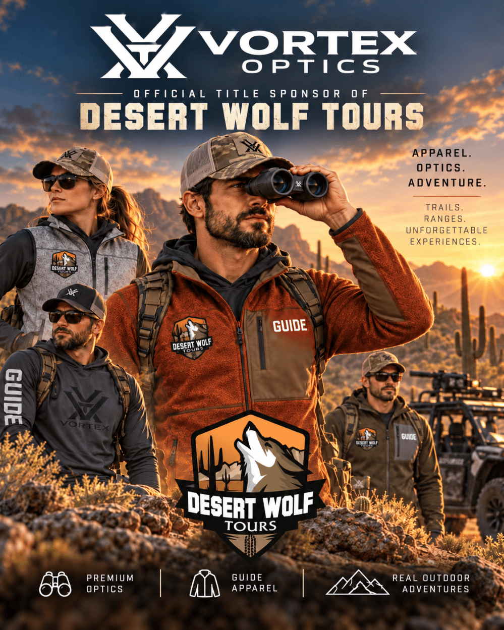 Desert Wolf Tours adventure guides wearing Vortex Optics apparel and using Vortex binoculars in the Arizona desert, showcasing their official title sponsorship of Scottsdale and Phoenix ATV adventures.
